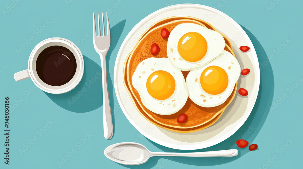 Delicious breakfast featuring pancakes, sunny side up eggs, and coffee, evoking warm and inviting morning atmosphere. Delicious breakfast featuring pancakes, sunny side up eggs, and coffee, evoking warm and inviting morning atmosphere.