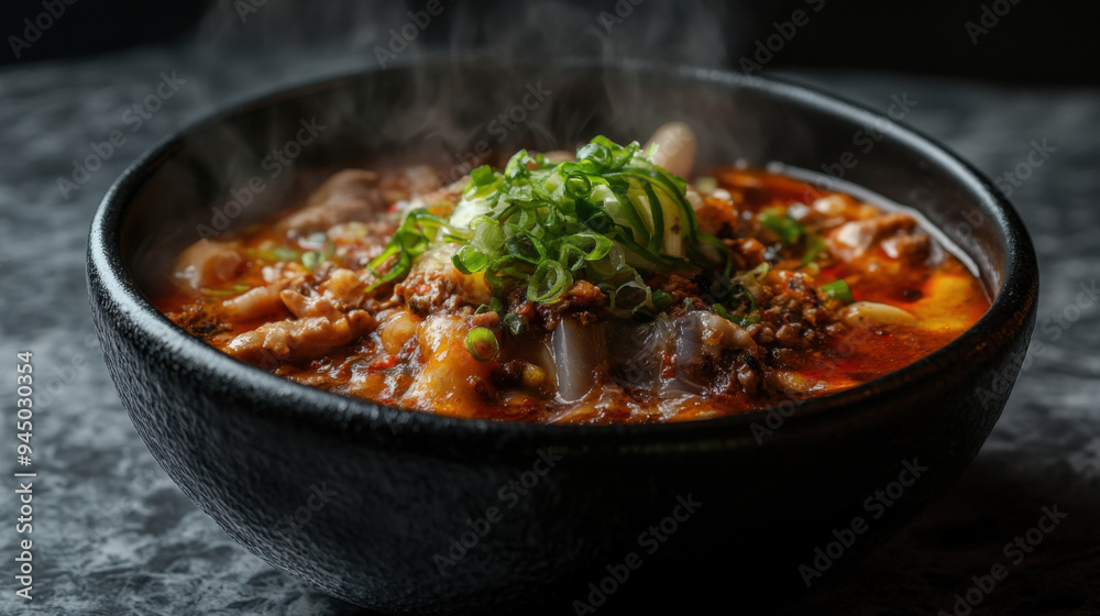 Luxurious food shot featuring a spicy hotpot in a refined dark porcelain bowl, with a focus Luxurious food shot featuring a spicy hotpot in a refined dark porcelain bowl, with a focus