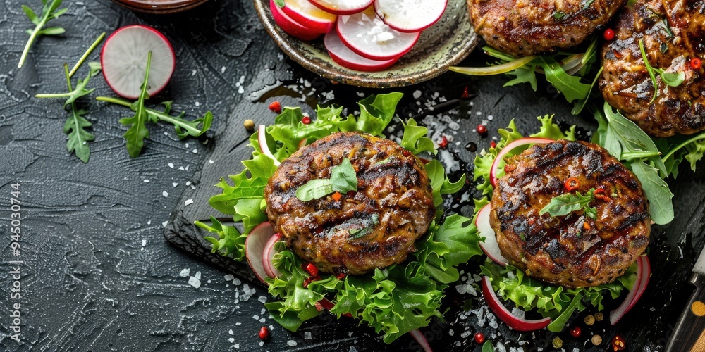 Charbroiled rabbit patties accompanied by a crisp salad and radishes Charbroiled rabbit patties accompanied by a crisp salad and radishes