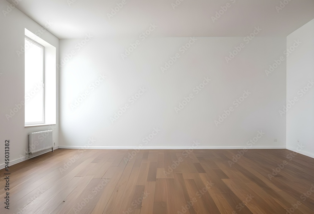 Empty room with white walls and wooden floor, minimal interior design.