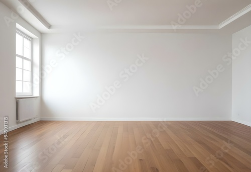 Empty room with white walls and wooden floor, minimal interior design.