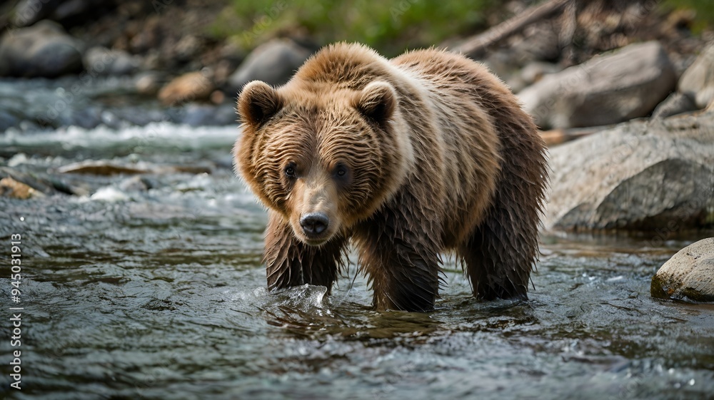Grizzly Bear Cub Playing by a Mountain Stream. Grizzly Bear Cub Playing by a Mountain Stream.