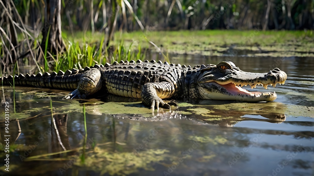 Crocodile Emerging from a Swamp with Eyes Above the Water. Crocodile Emerging from a Swamp with Eyes Above the Water.