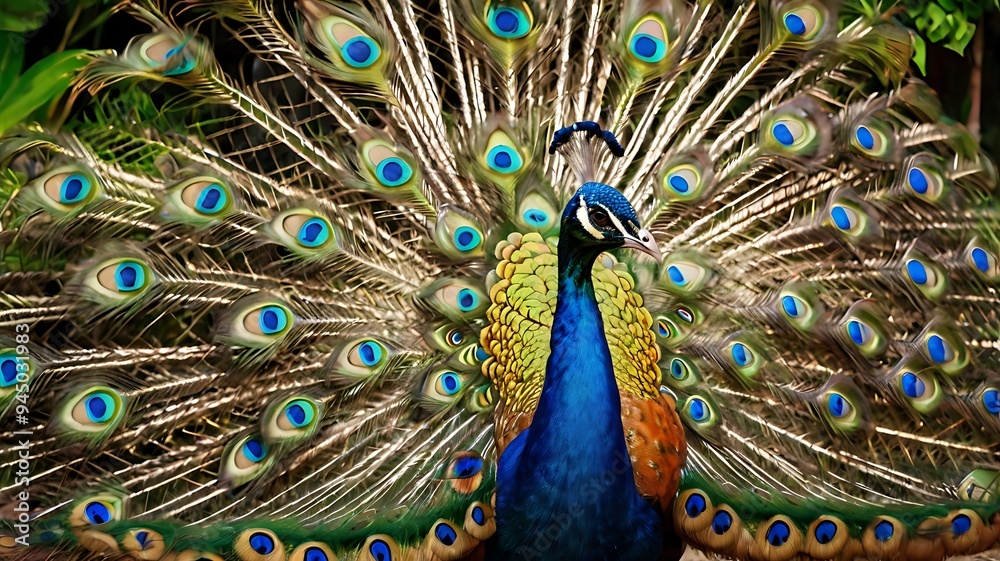 Obraz premium Peacock Displaying its Vibrant Feathers in a Tropical Garden.