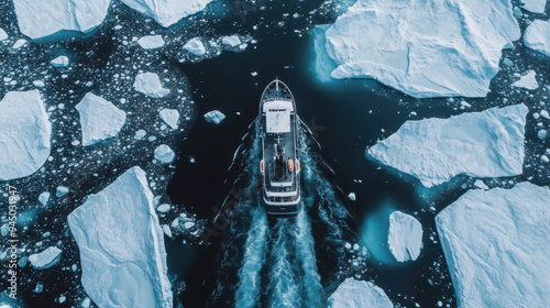 Majestic aerial shot of a research ship navigating through the icy waters