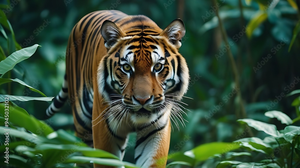 Close-up of a Bengal Tiger Stalking Prey in a Dense Jungle. Close-up of a Bengal Tiger Stalking Prey in a Dense Jungle.