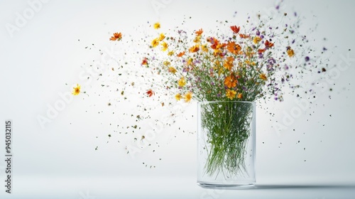 An abstract vase with wildflowers sprouting from every angle, including the base, creating a surreal, gravity-defying floral arrangement photo