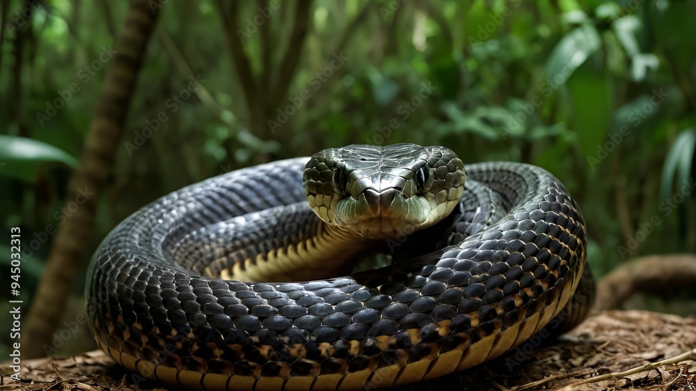 Obraz premium King Cobra Coiled and Ready to Strike in a Tropical Forest 