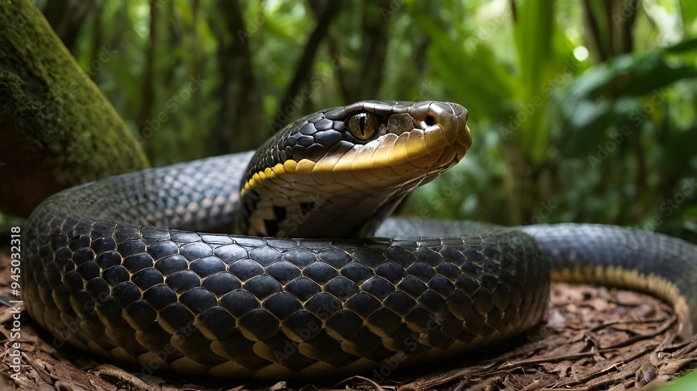 King Cobra Coiled and Ready to Strike in a Tropical Forest King Cobra Coiled and Ready to Strike in a Tropical Forest