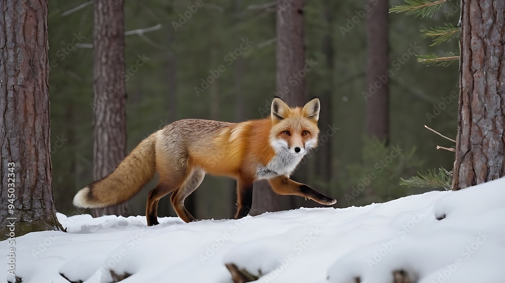 Fototapeta premium Red Fox Hunting in a Snow-Covered Pine Forest