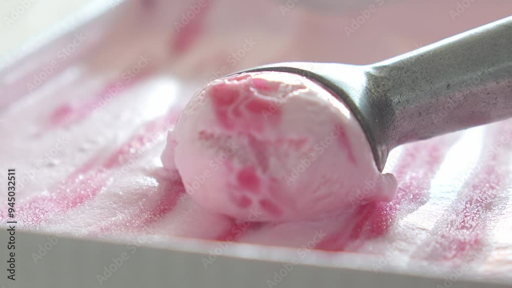 Spoon Scooping Slow-Motion ice cream strawberry.