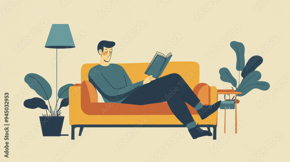 Man sitting on a cozy sofa, reading a book, flat illustration with vector graphics and a clean,