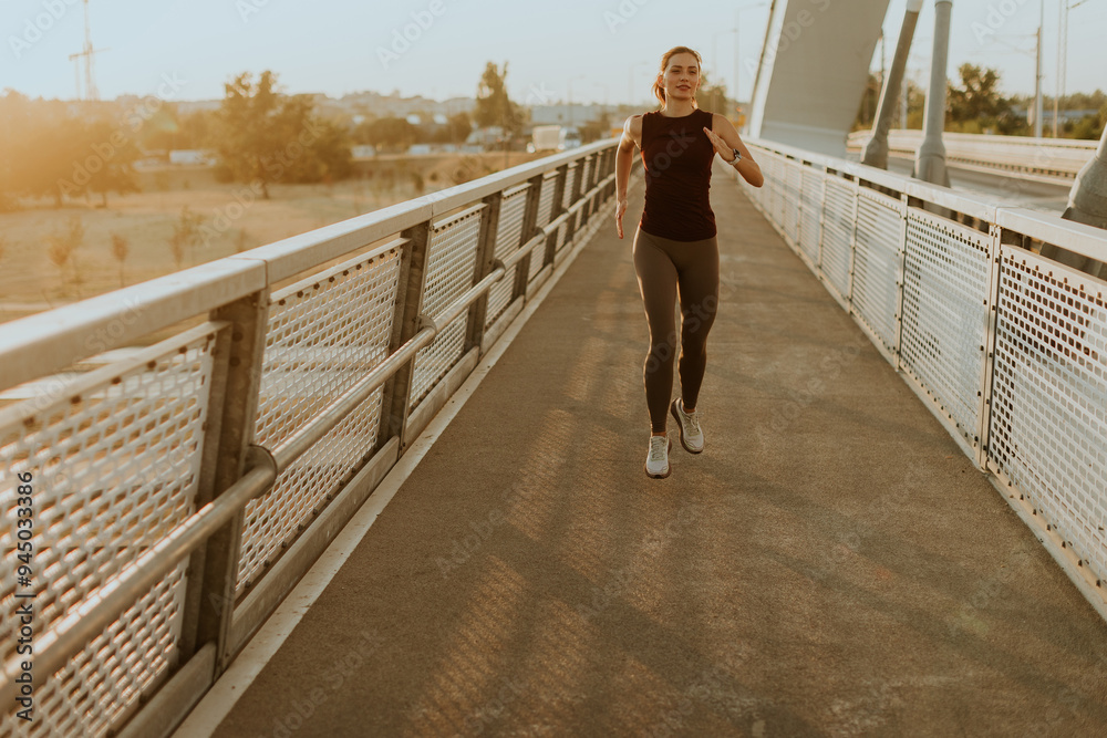 Determined runner jogs along a sunlit bridge during the golden hour, blending fitness and serenity in an urban landscape Determined runner jogs along a sunlit bridge during the golden hour, blending fitness and serenity in an urban landscape