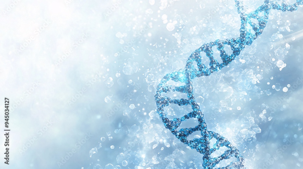 A vivid blue DNA double helix surrounded by sparkling water droplets. A vivid blue DNA double helix surrounded by sparkling water droplets.
