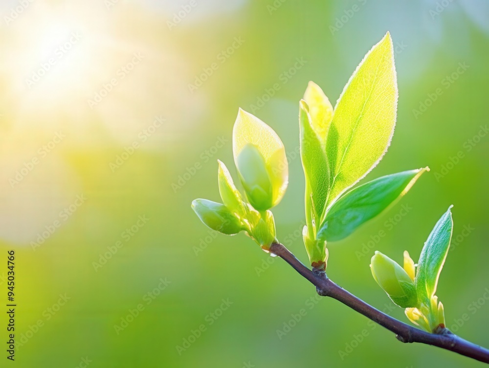 Fresh green leaves sprouting on a branch in the warm glow of springtime sunlight Fresh green leaves sprouting on a branch in the warm glow of springtime sunlight