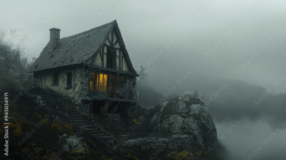 Medieval chalet near a small cliff, partially blown apart by an explosion, thick fog adding
