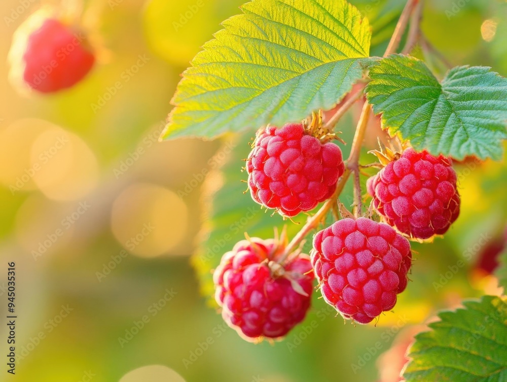 Ripening raspberries glimmer in the warm sunlight of a summer orchard
