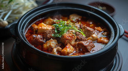 spicy hotpot in a high-end dark porcelain bowl, perfect for commercial use.