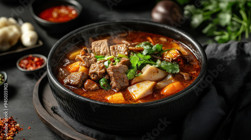 spicy hotpot in a high-end dark porcelain bowl, perfect for commercial use.