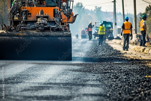 The asphalt paver lays a fresh layer of asphalt on a highway. Workers and construction vehicles are seen managing the site