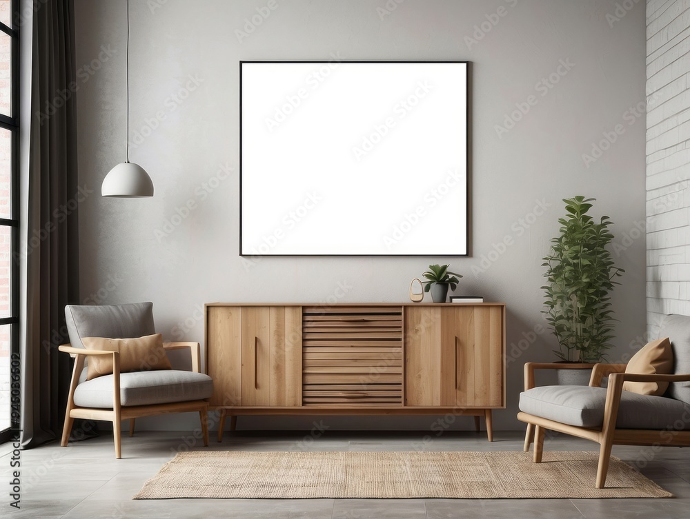 Modern Living Room Interior with Wooden Cabinet and Chairs Modern Living Room Interior with Wooden Cabinet and Chairs