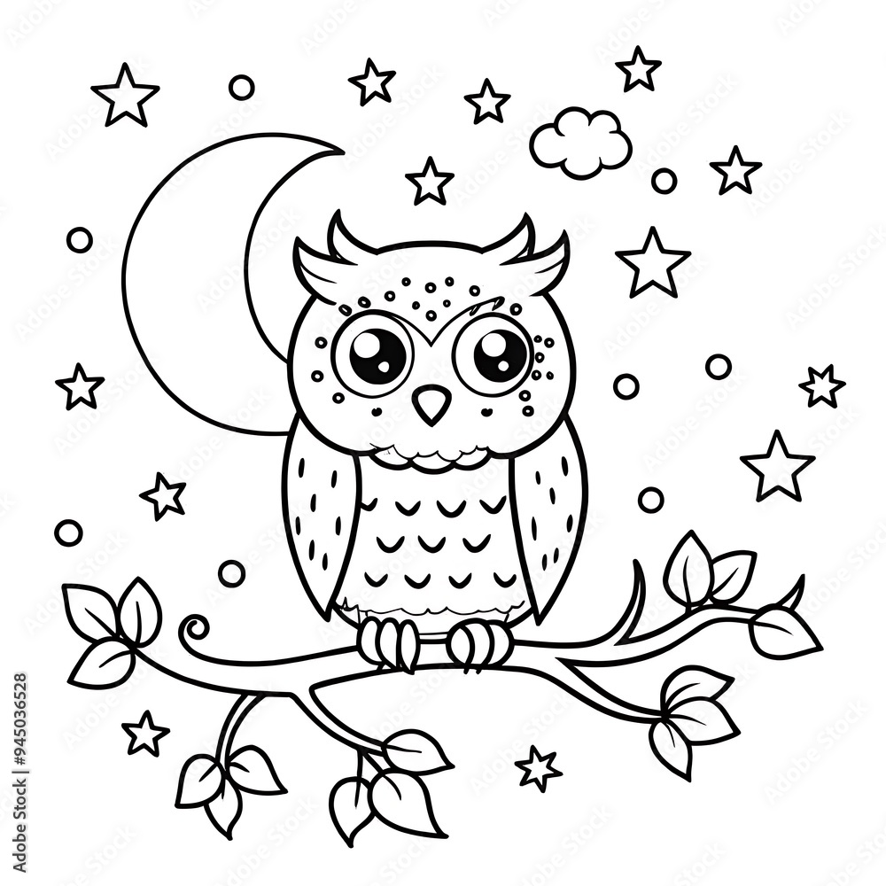 Fototapeta premium Adorable Owl on Tree Branch Under Moon and Stars for Coloring