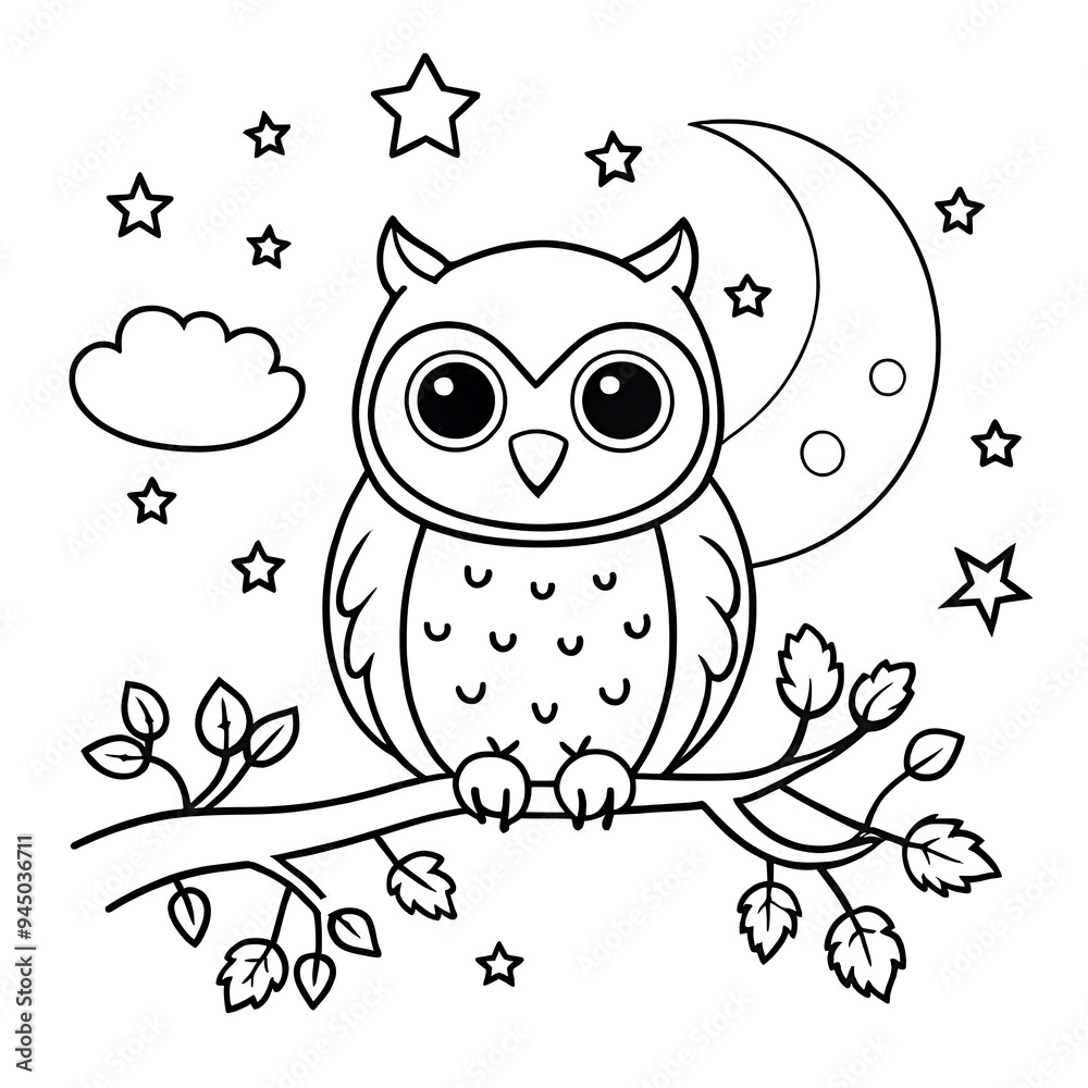 Adorable Owl on Tree Branch Under Moon and Stars for Coloring