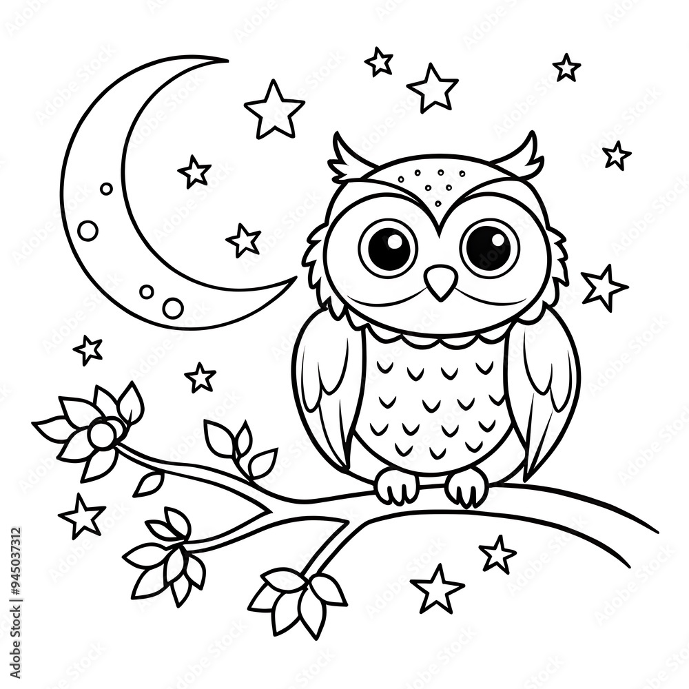 Fototapeta premium Adorable Owl on Tree Branch Under Moon and Stars for Coloring