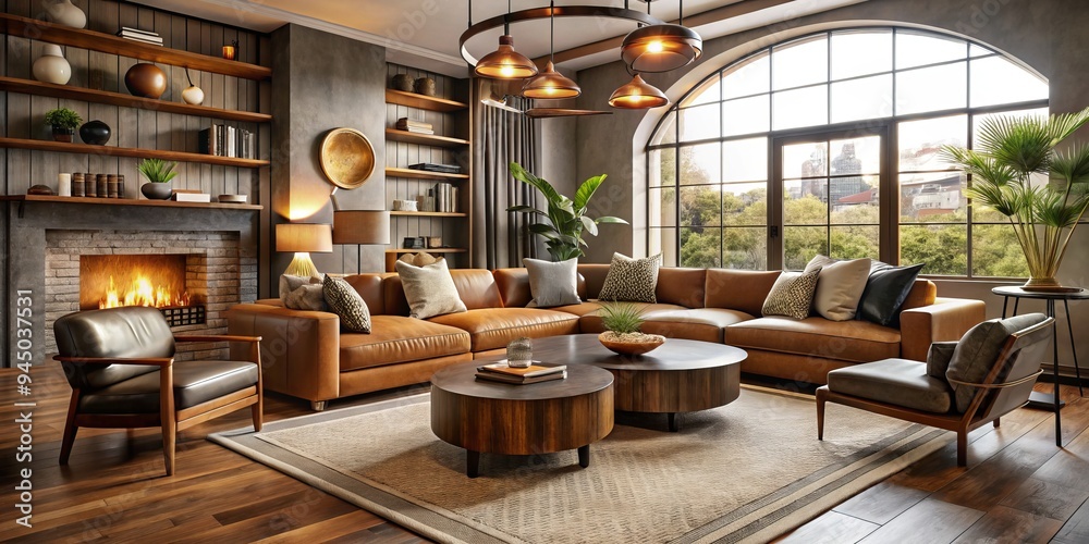 Cozy curves and clean lines merge in a refined living space, where wooden accents and plush upholstery meet industrial metal, exuding elegance. Cozy curves and clean lines merge in a refined living space, where wooden accents and plush upholstery meet industrial metal, exuding elegance.