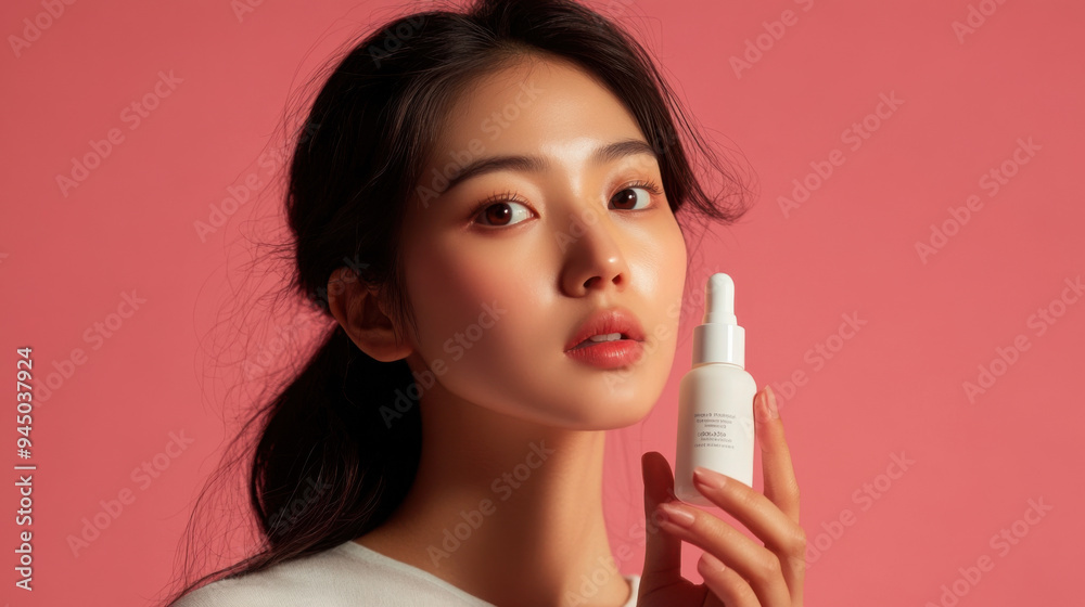 Minimalist product photo of an Asian woman holding a serum bottle, with clean lines Minimalist product photo of an Asian woman holding a serum bottle, with clean lines