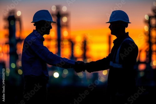 Two construction workers shake hands at sunset outside an industrial facility, symbolizing partnership and cooperation in progress