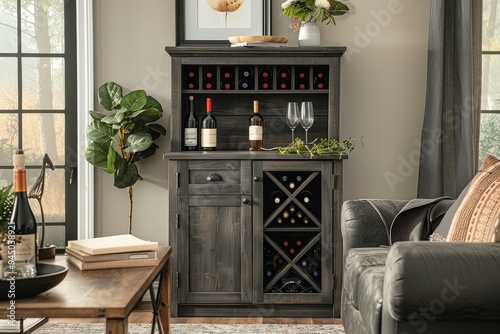 South Shore Grey Wood Wine Cabinet with Storage Shelves and Open Top Shelf in Living Room Setting