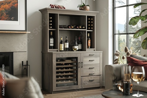 South Shore Grey Wood Wine Cabinet with Storage Shelves and Open Top Shelf in Living Room Setting
