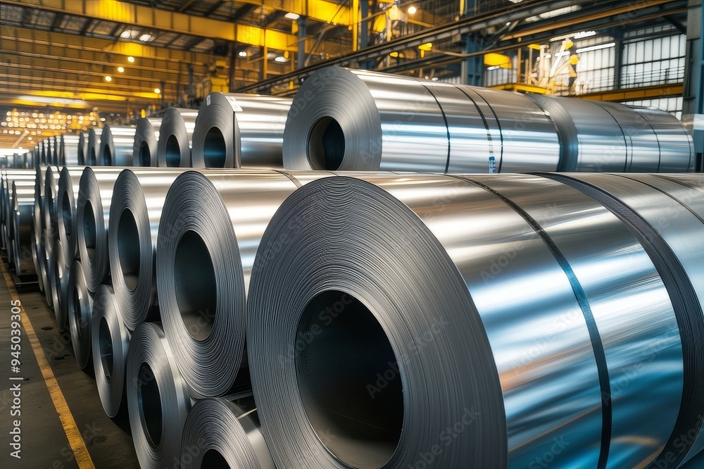 Stacks of steel rolls in a large manufacturing facility under industrial lighting