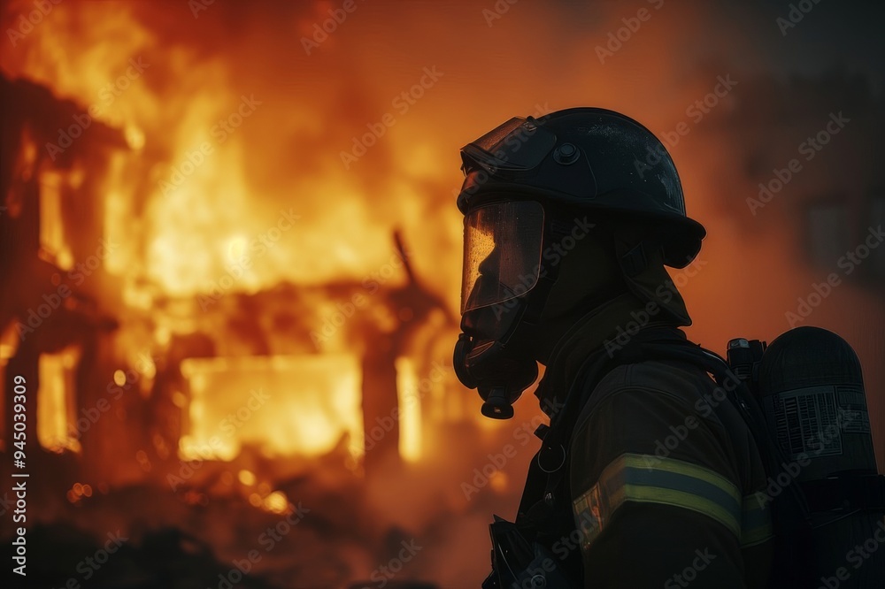 Firefighter standing bravely before raging flames during an intense rescue operation amidst a burning building Firefighter standing bravely before raging flames during an intense rescue operation amidst a burning building