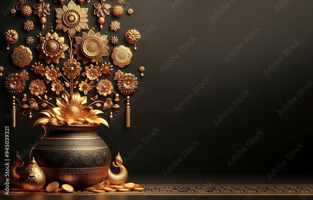 Happy Dhanteras Background Illustration. Having Marigolds flowers, Diya, Gold coin Happy Dhanteras Background Illustration. Having Marigolds flowers, Diya, Gold coin