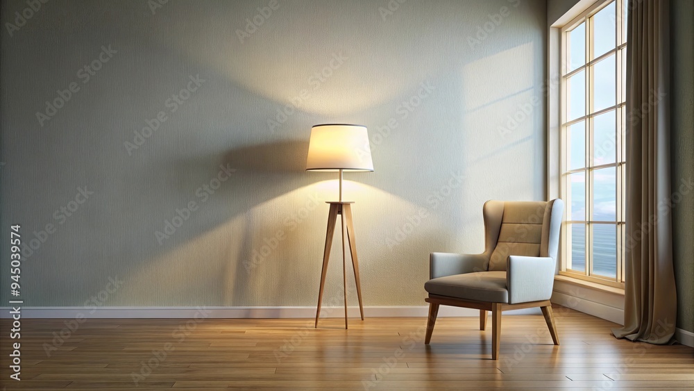 Fototapeta premium Empty room with chair, lamp, window, and table with lamp