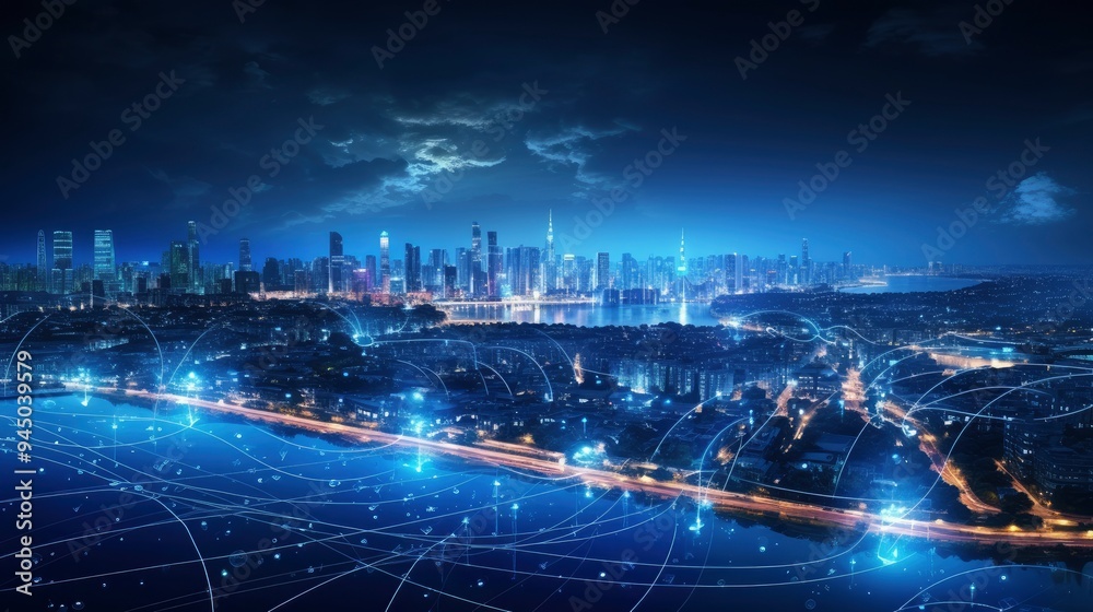 Smart city and big data connection technology concept with digital blue wavy wires with antennas on night megapolis city skyline background, double exposure Smart city and big data connection technology concept with digital blue wavy wires with antennas on night megapolis city skyline background, double exposure
