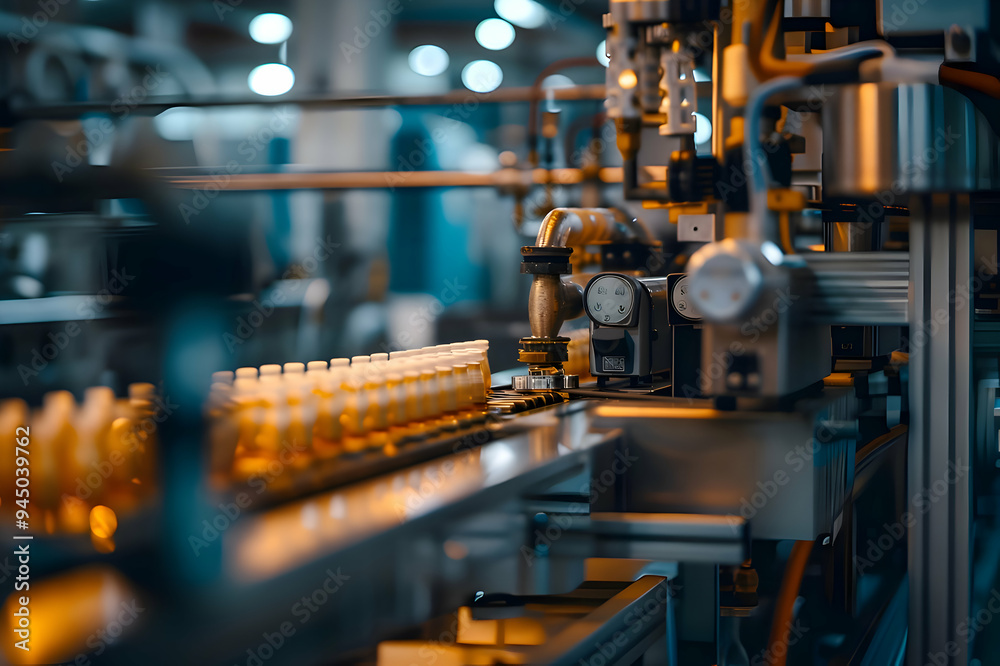 Bottling process at a beverage manufacturing facility showcasing machinery and production line efficiency Bottling process at a beverage manufacturing facility showcasing machinery and production line efficiency