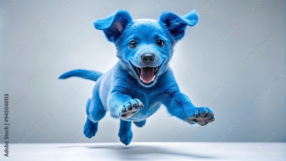 Dynamic puppy leaping in athletic blue victory, showcasing triumph and excitement Dynamic puppy leaping in athletic blue victory, showcasing triumph and excitement
