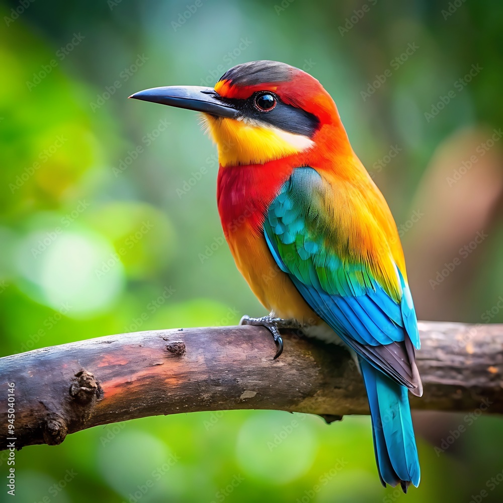 Fototapeta premium A colorful Bird sitting on a branch. Walpaper, Photo or Background. Ai Generated 