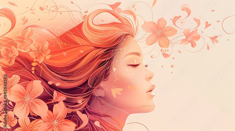 A vibrant illustration of a lady with flowing hair, adorned with floral elements and soft colors, set against a serene pastel background, highlighting her graceful expression. 8k UHD, suitable A vibrant illustration of a lady with flowing hair, adorned with floral elements and soft colors, set against a serene pastel background, highlighting her graceful expression. 8k UHD, suitable