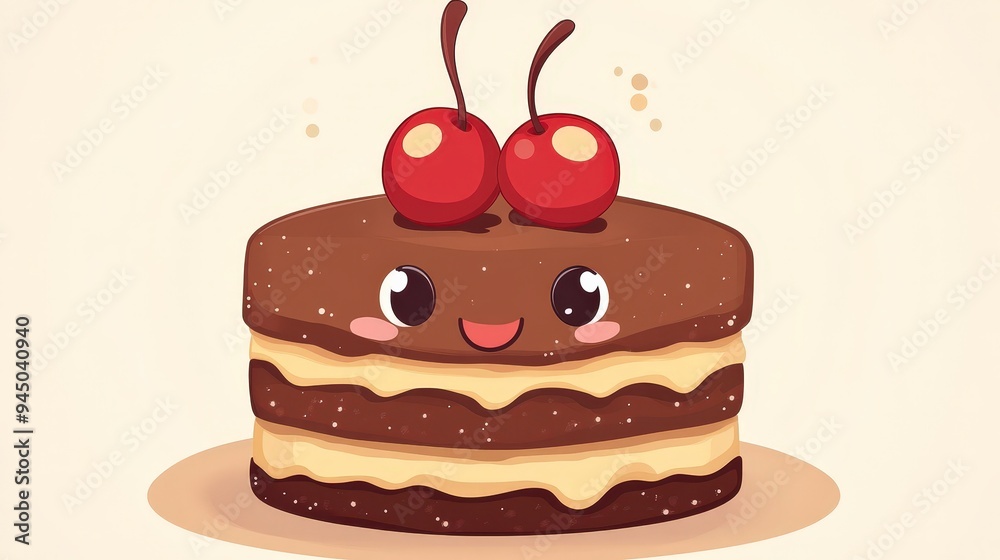 A cute cartoon cake with a smiling face and cherries on top. A cute cartoon cake with a smiling face and cherries on top.