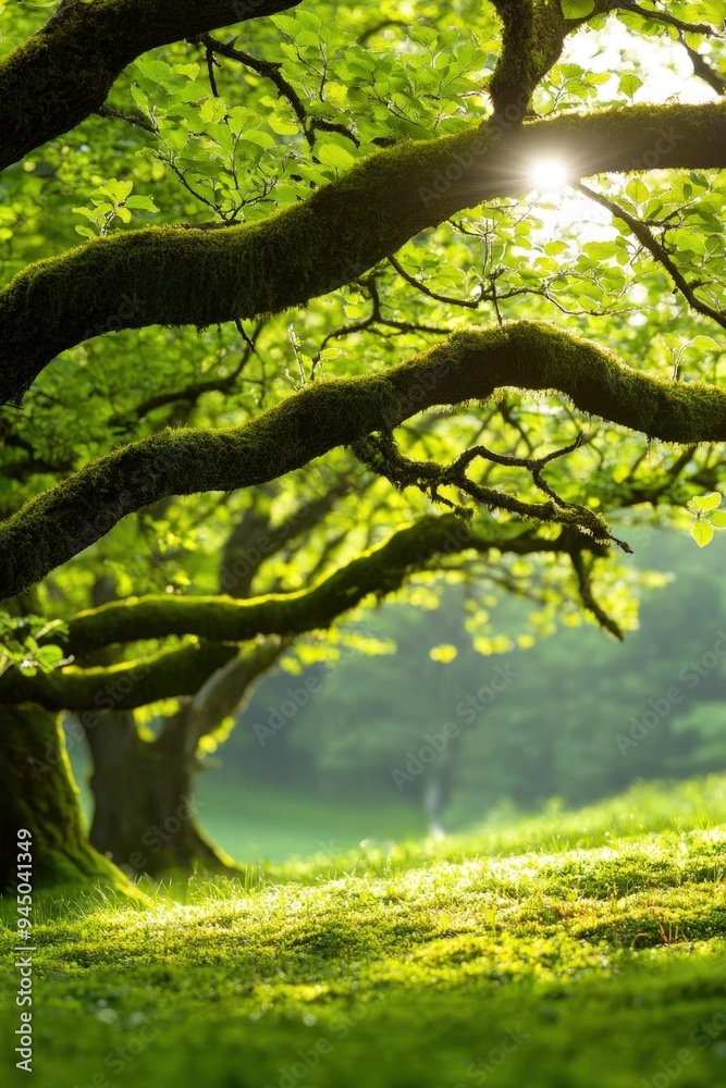 Lush green forest with sunlit branches revealing nature's serene beauty