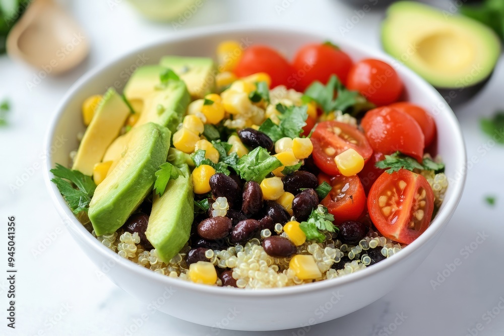 A colorful quinoa salad bowl with avocado, tomatoes, corn, and black beans. A colorful quinoa salad bowl with avocado, tomatoes, corn, and black beans.