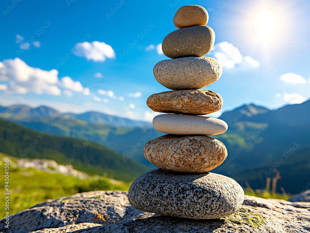 A serene stacked stone formation against a beautiful mountain backdrop, symbolizing balance and harmony in nature. A serene stacked stone formation against a beautiful mountain backdrop, symbolizing balance and harmony in nature.