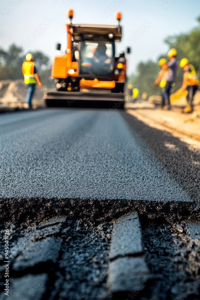 The asphalt paver spreads asphalt across a newly constructed highway section. Construction vehicles and crew are visible in the background