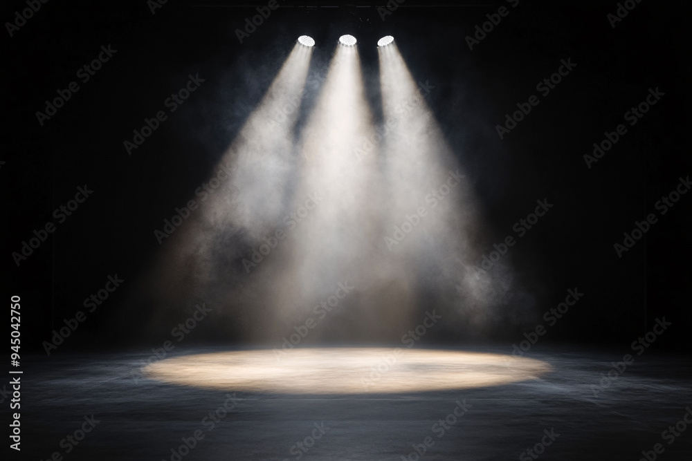 A dark room with three lights shining on a stage A dark room with three lights shining on a stage