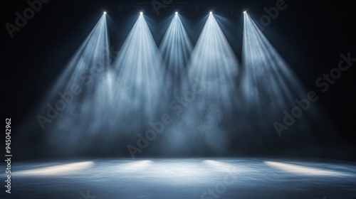 A stage with five spotlights shining on it. The lights are blue and the stage is empty