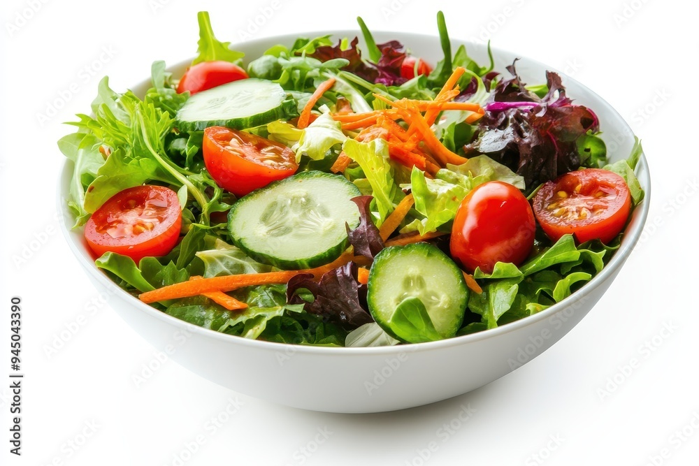 A fresh salad with greens, tomatoes, cucumbers, and carrots in a white bowl. A fresh salad with greens, tomatoes, cucumbers, and carrots in a white bowl.
